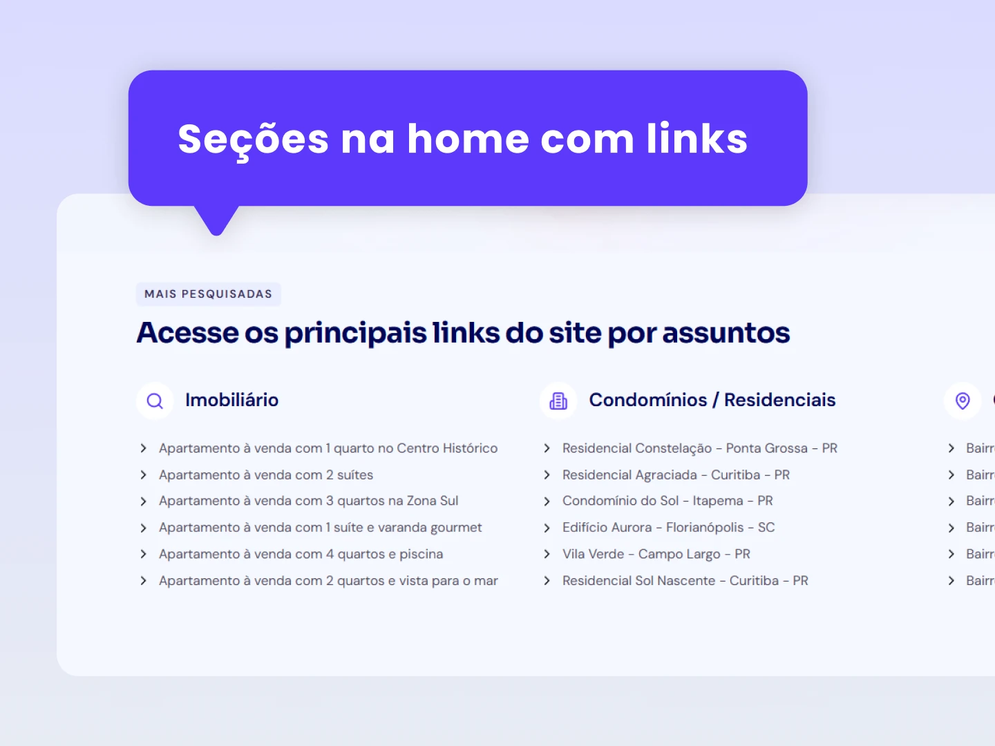 Seções de links na home